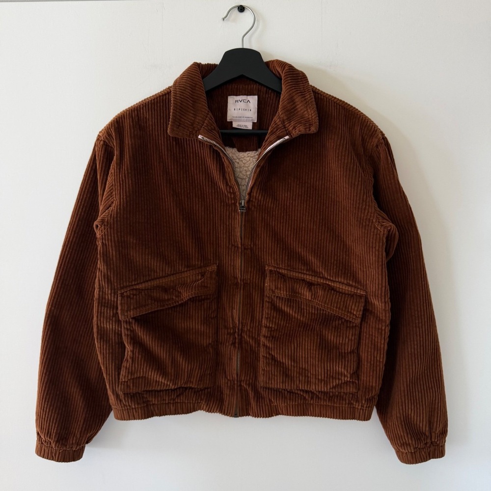 RVCA Womens Brown Corduroy Faux Fur Lined Zip Up Jacket Size S